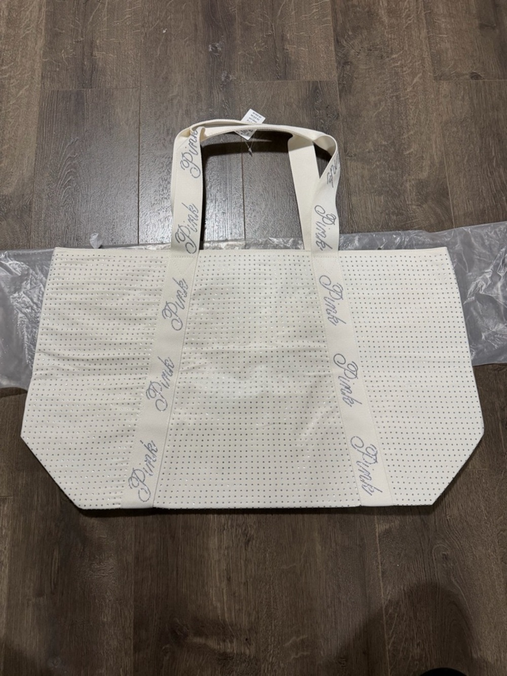 PINK Victoria's Secret Cream Perforated Canvas Tote with Logo Webbing Straps